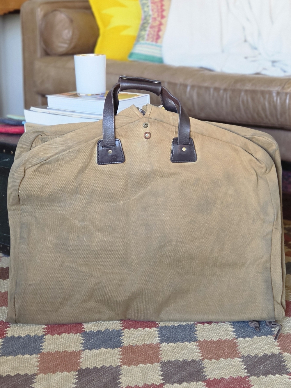 Filson Rugged Twill Garment Bag in Tan Canvas and Leather